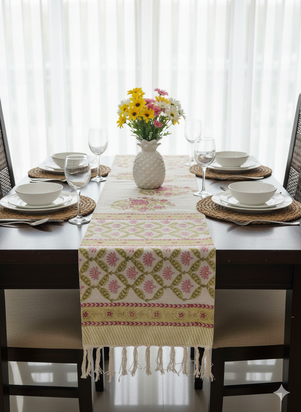Pink Love Hand Blocked Jute Table Runner