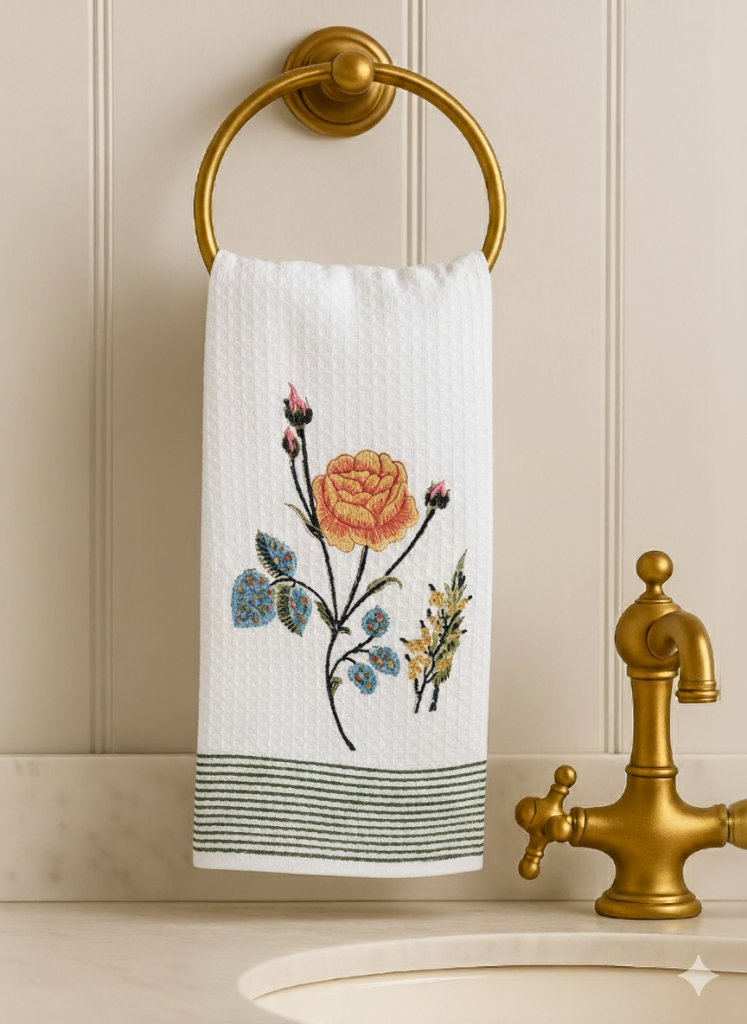 Yellow Rose Motif Hand Blocked Hand Towel