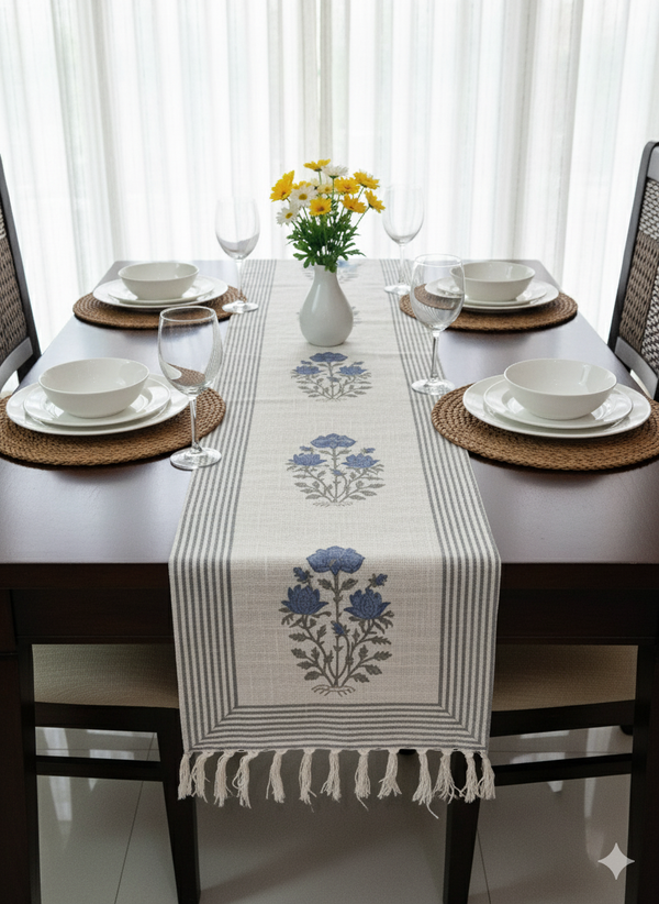 Blue Charm Hand Blocked Jute Table Runner