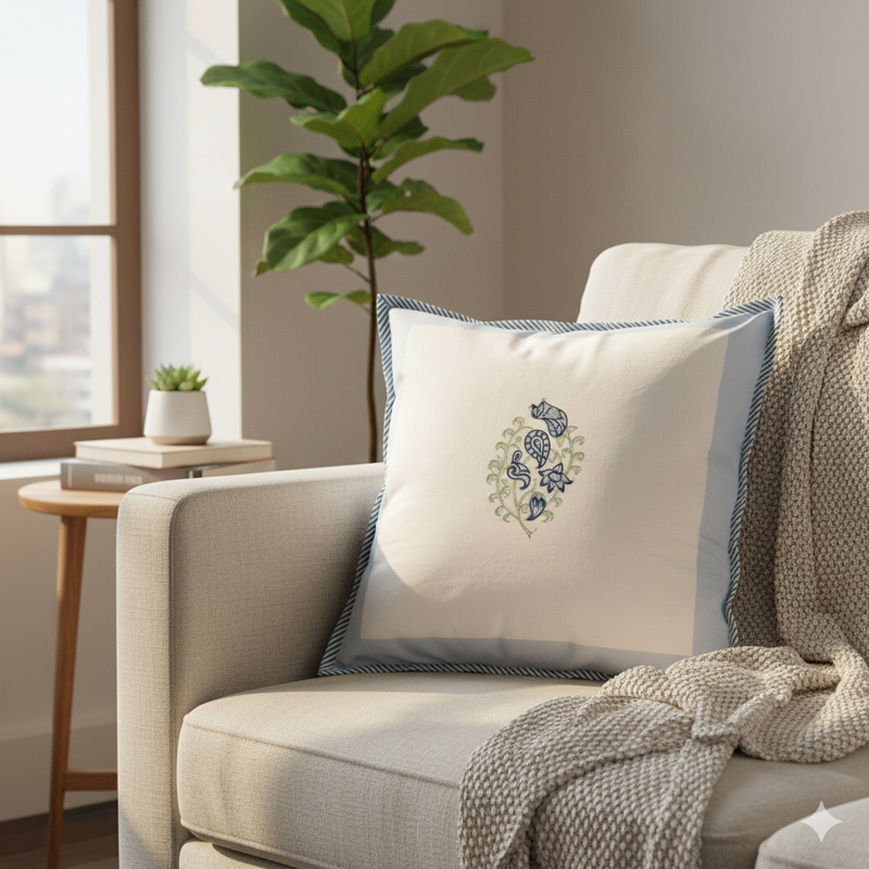 Leafy Motif Hand Blocked Cushion Cover