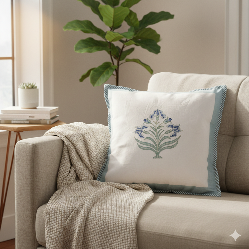 Guldasta Motif Hand Blocked Cushion Cover