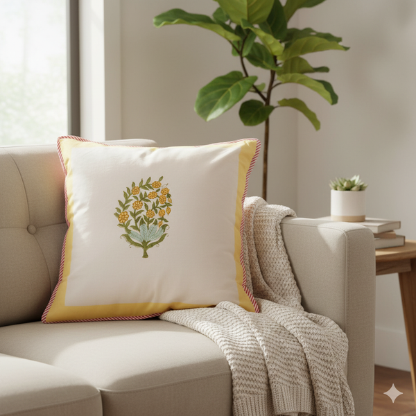 Yellow Floral Motif Hand Blocked Cushion Cover