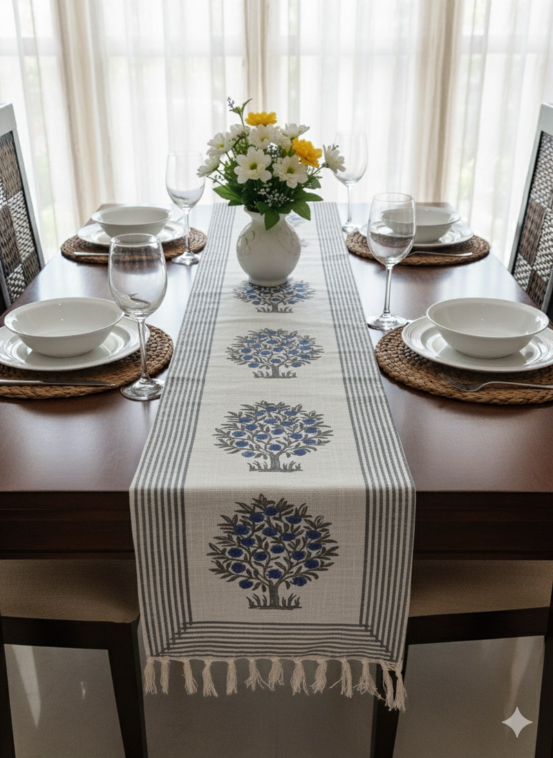 Tree Motif Hand Blocked Jute Table Runner