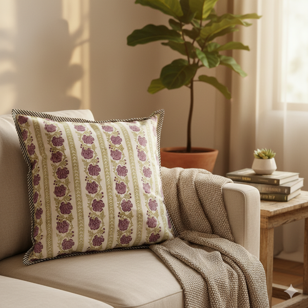 Purple Florals Hand Blocked Cushion Cover