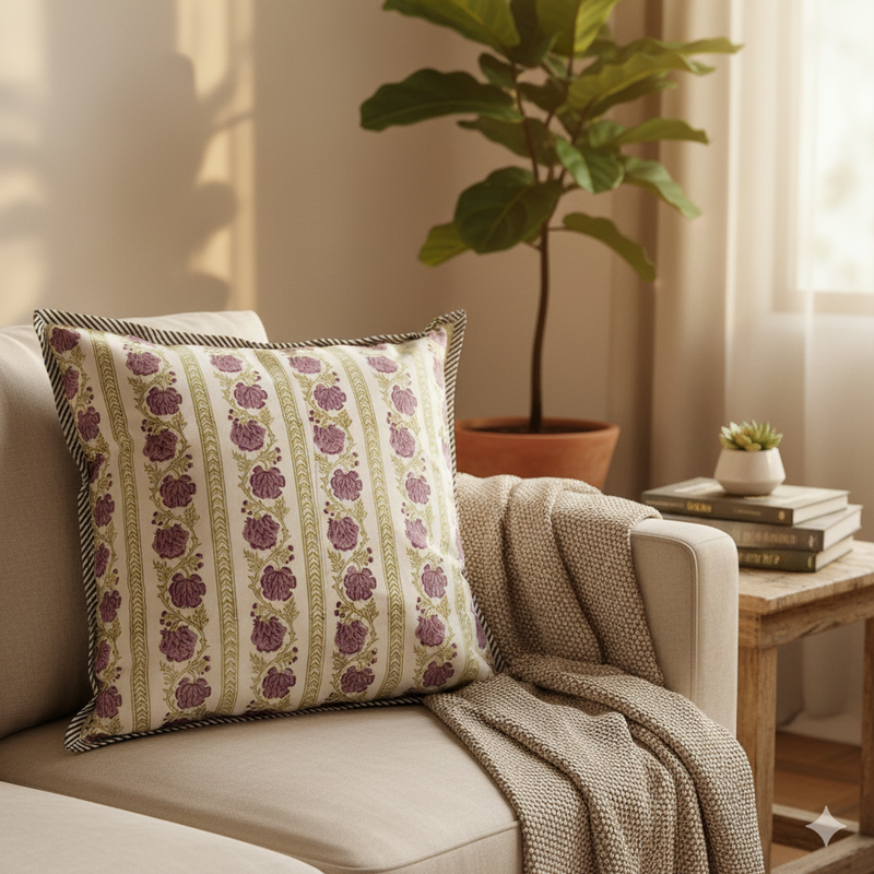 Purple Florals Hand Blocked Cushion Cover