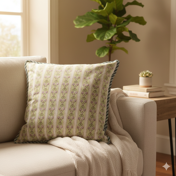 Green Floral Print Hand Blocked Cushion Cover