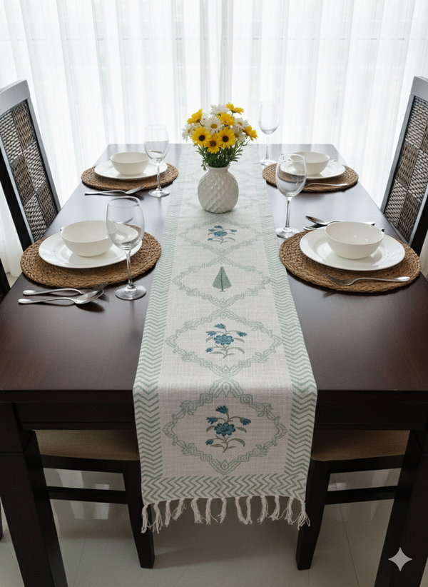 Cypress Floral Blend Hand Blocked Jute Table Runner
