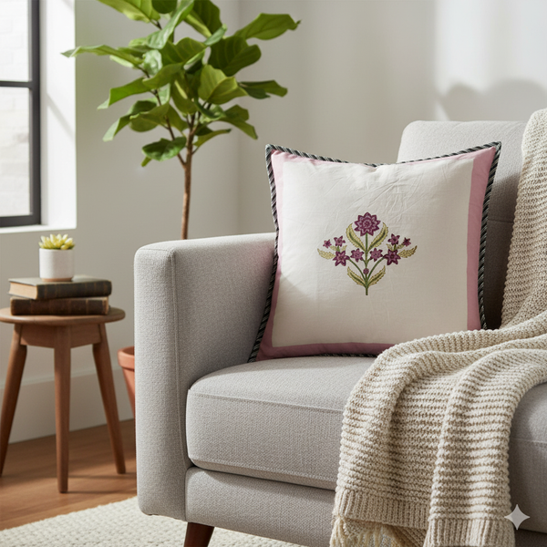 Mauve Florals Hand Blocked Cushion Cover