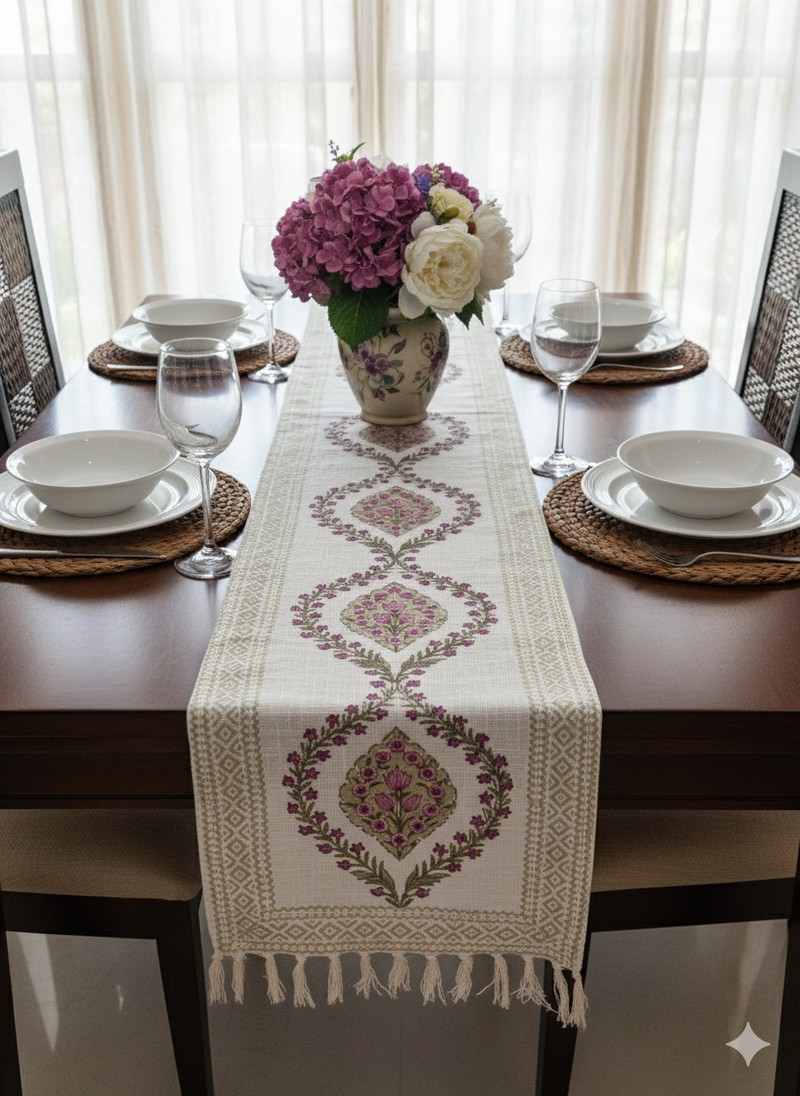 Floral Artwork Hand Blocked Jute Table Runner
