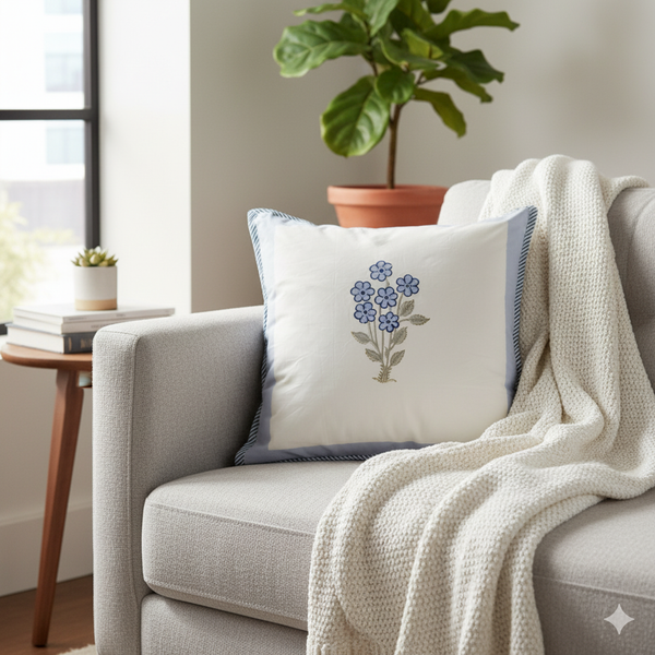 Blue Floral Motif Hand Blocked Cushion Cover