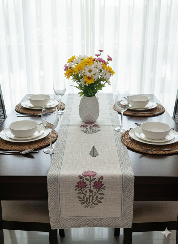 Blooming Cypress Hand Blocked Jute Table Runner