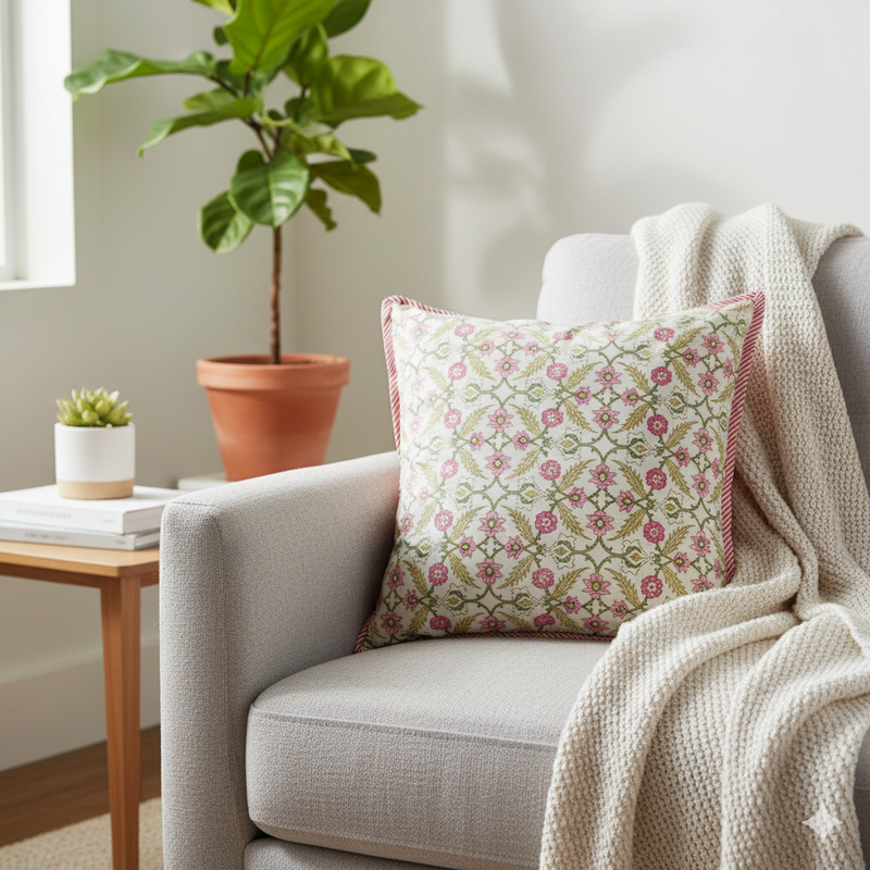 Pink Love Hand Blocked Cushion Cover