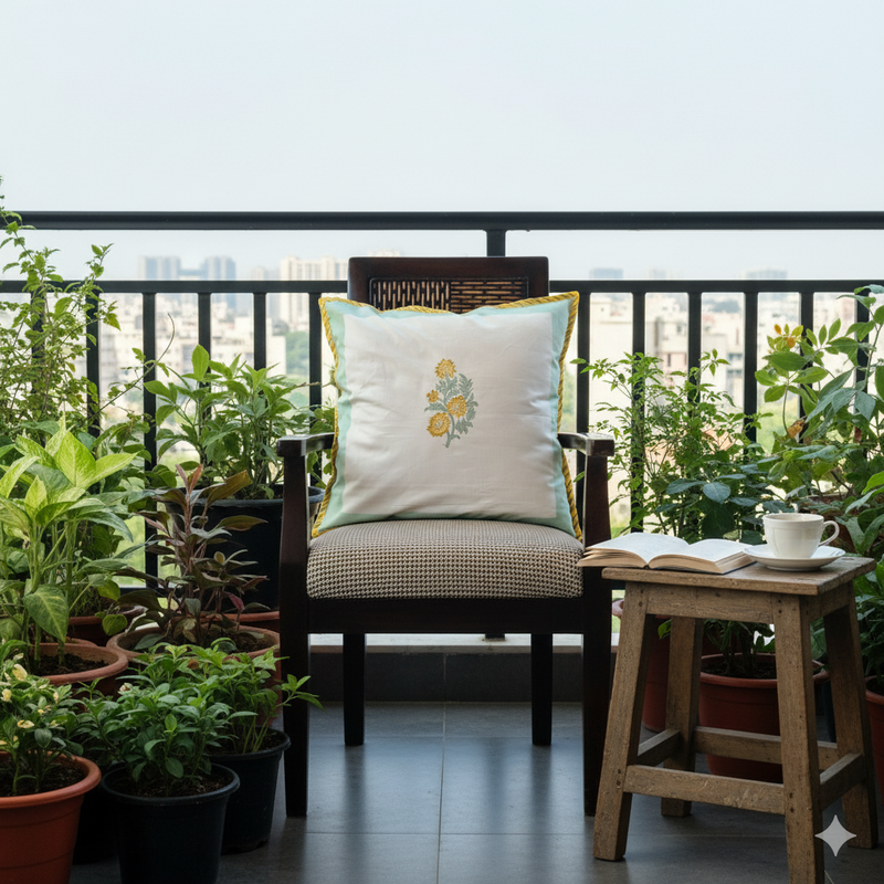 Yellow Leafy Floral Hand Blocked Cushion Cover