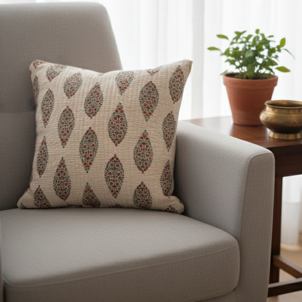 Leafy Pattern Ajrakh Reversible Print Cushion Cover