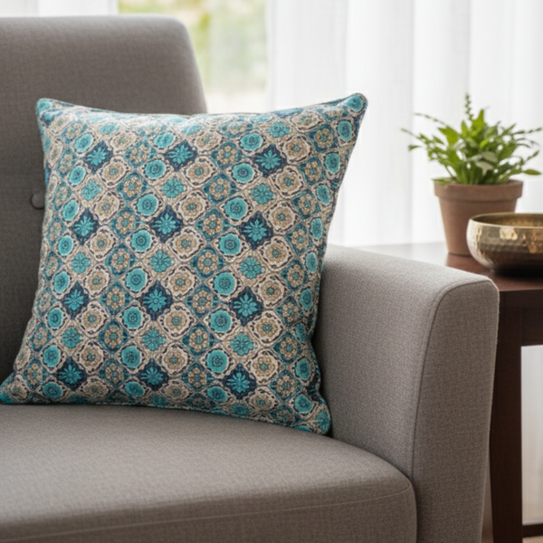 Blue Paisley Quilted Reversible Cushion Cover