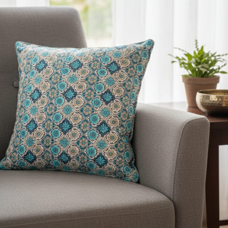 Blue Paisley Quilted Reversible Cushion Cover