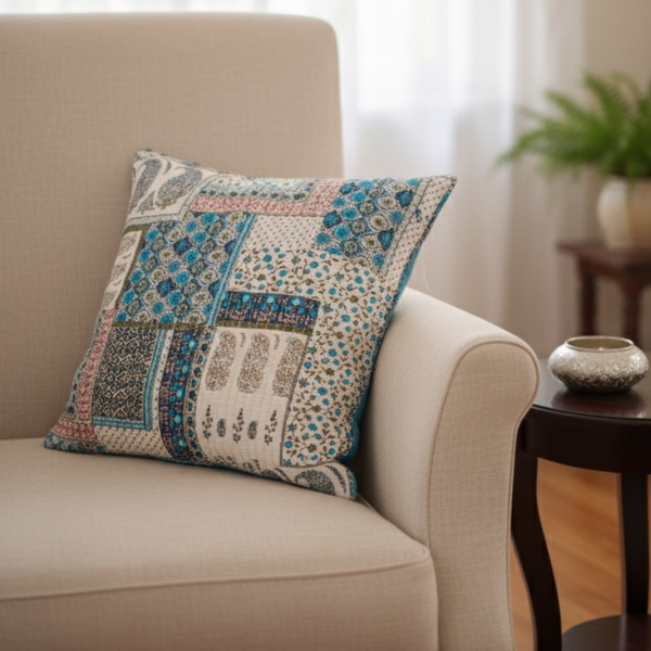 Blue Paisley Quilted Reversible Cushion Cover