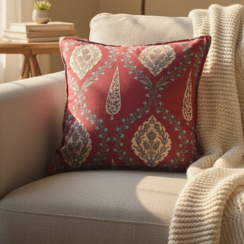 Red Floral Ajrakh Print Cushion Cover