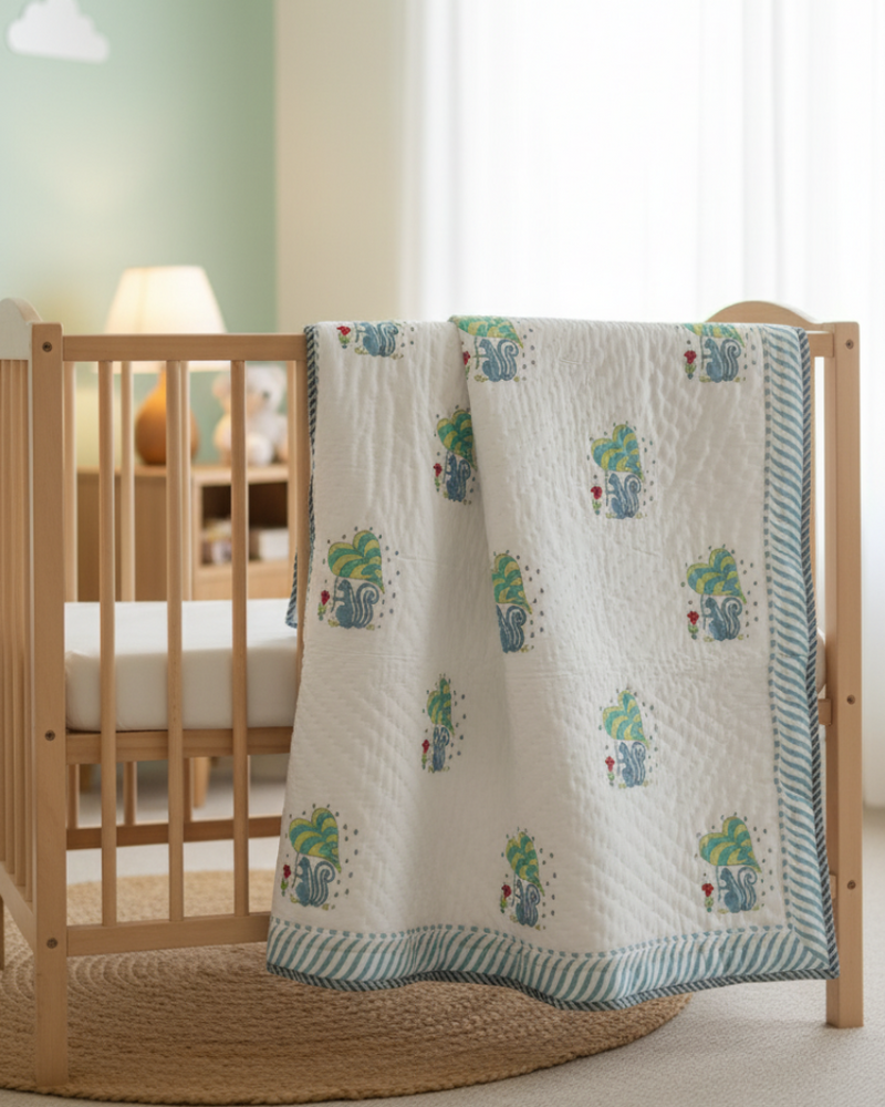Squirrel Buddy - Hand Blocked Baby Quilt