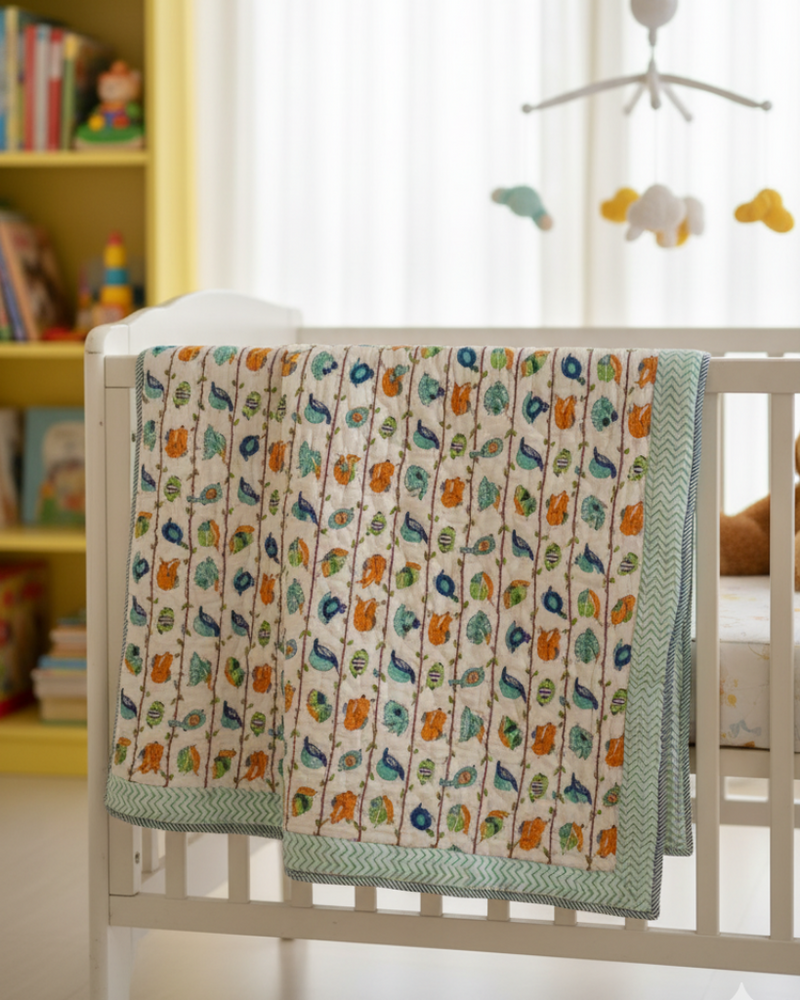 Birds Sanctuary - Hand Blocked Baby Quilt