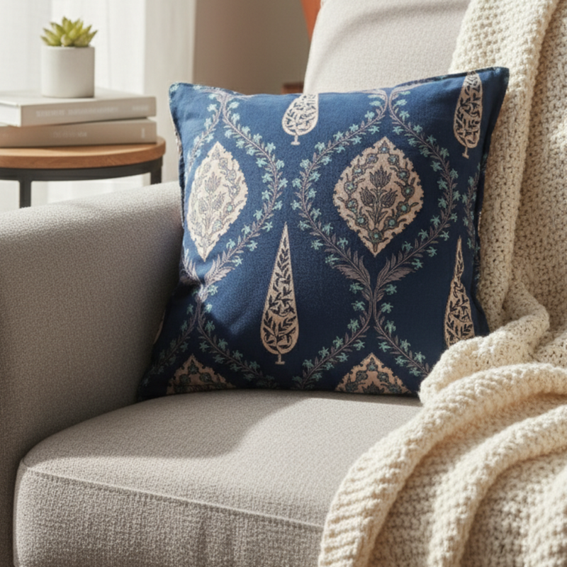 Blue Floral Ajrakh Print Cushion Cover