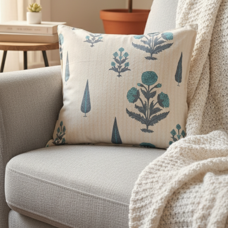 Beige and Blue Floral Ajrakh Print Cushion Cover