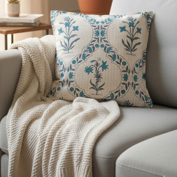 Blue Floral Ajrakh Print Cushion Cover