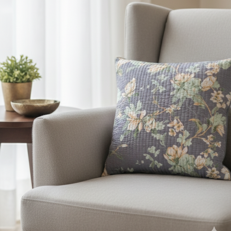 Elegant Florals - Grey Reversible Quilted Cushion Cover