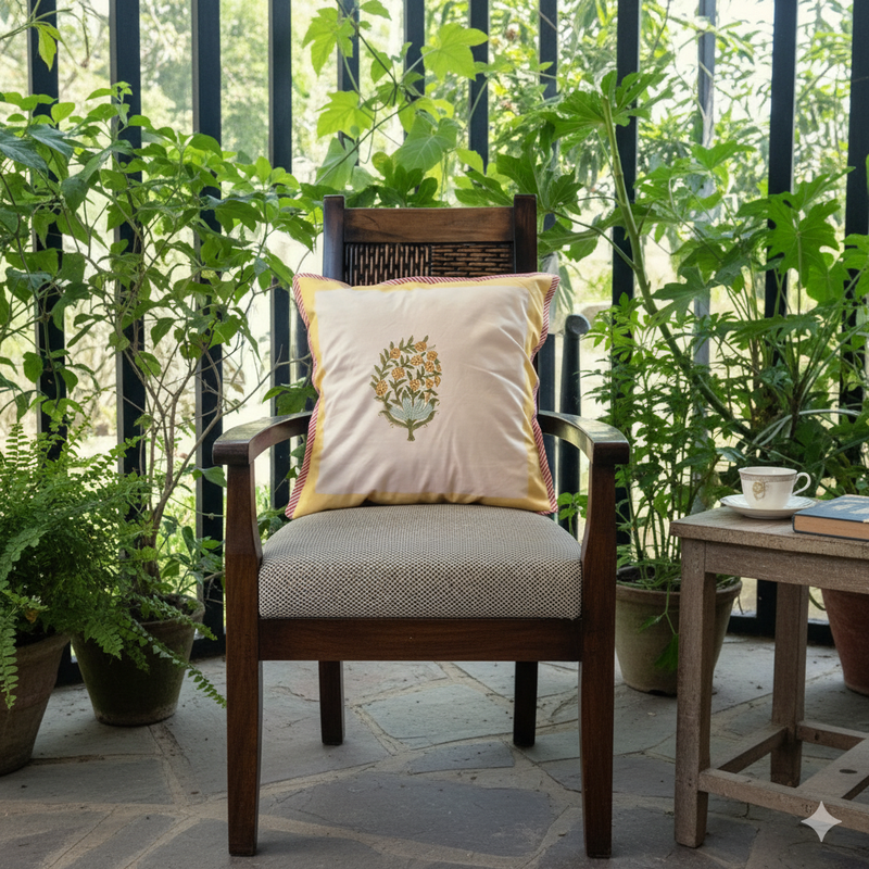 Yellow Floral Motif Hand Blocked Cushion Cover