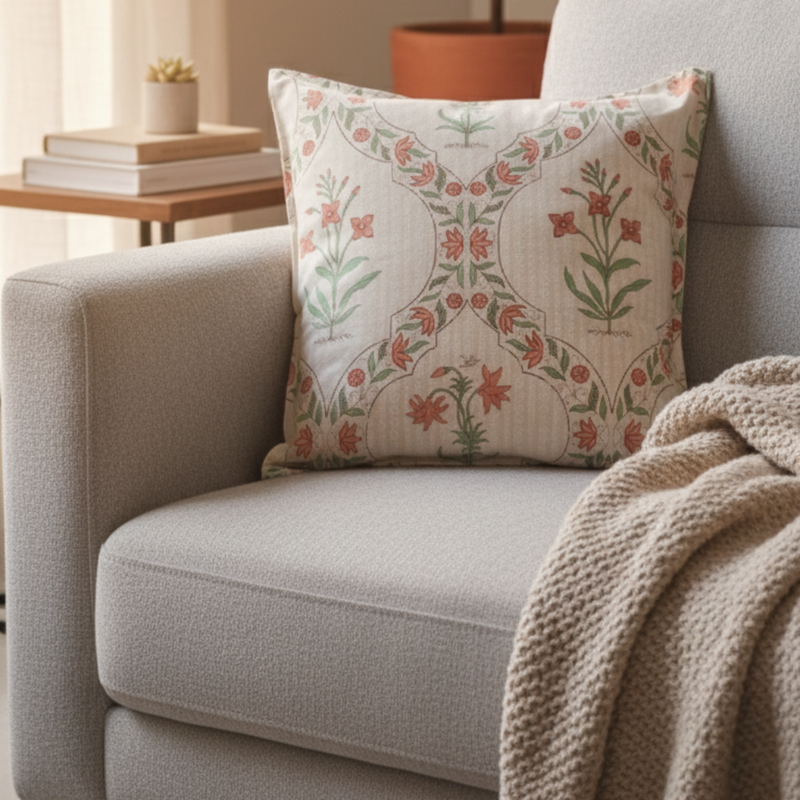 Red Floral Jaal Hand Blocked Cushion Cover