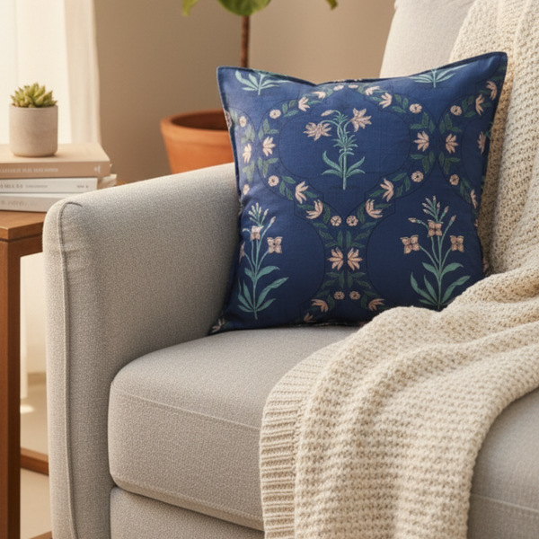 Flora Sutra Ajrakh Print Cushion Cover