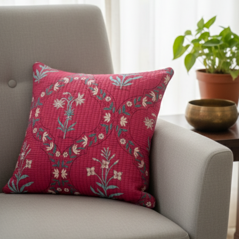 Red Floral Print - Quilted Cushion Cover