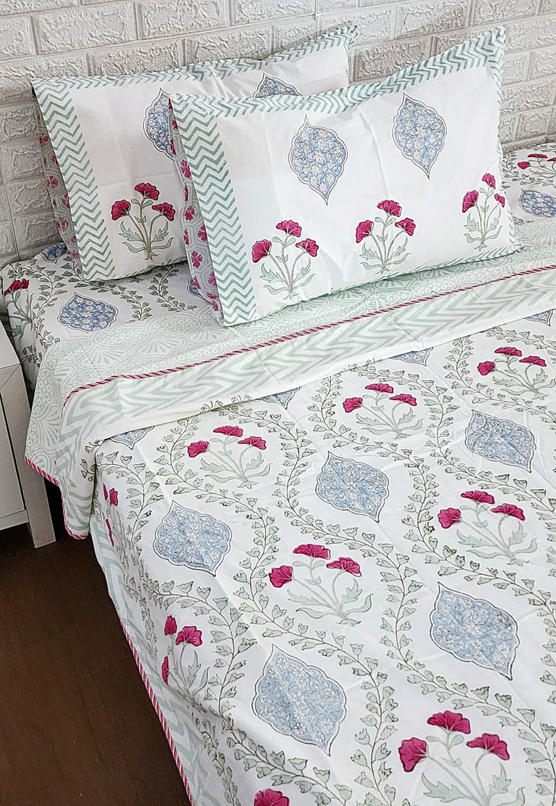 Floral Hand Blocked Dohar Bedding Set