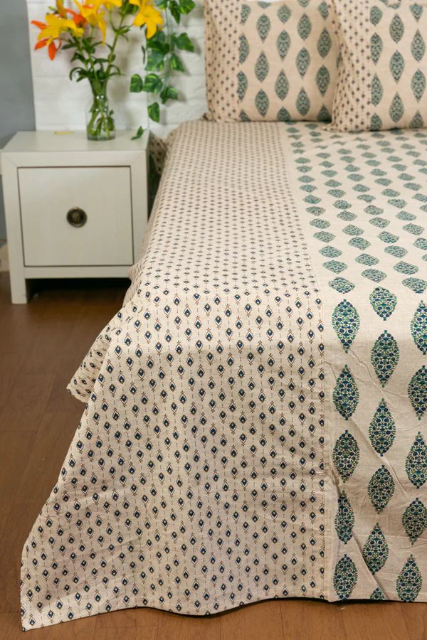 Beige and Blue Ajrakh Bedsheet