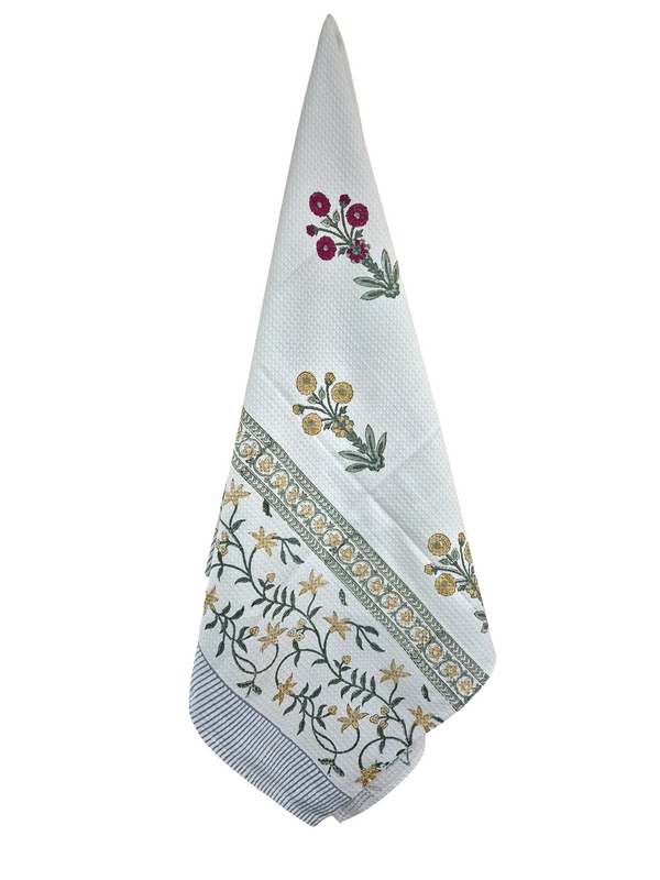 Red and Yellow Floral Motifs Hand Blocked Towel