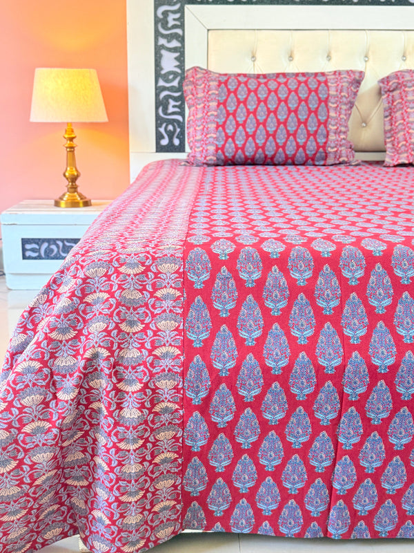 Red and Blue Floral Ajrakh Bedsheet