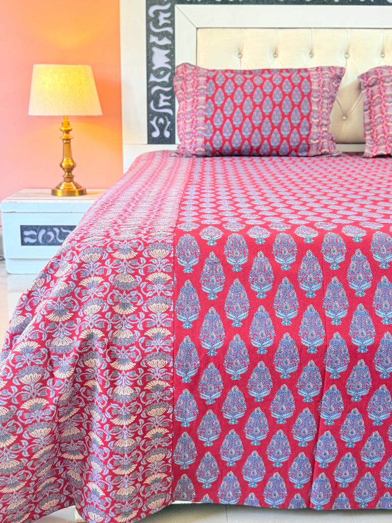 Red and Blue Floral Ajrakh Bedsheet