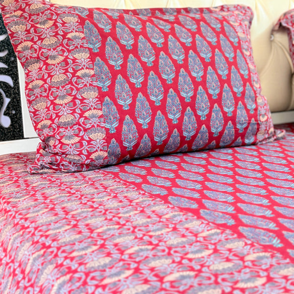 Red and Blue Floral Ajrakh Bedsheet