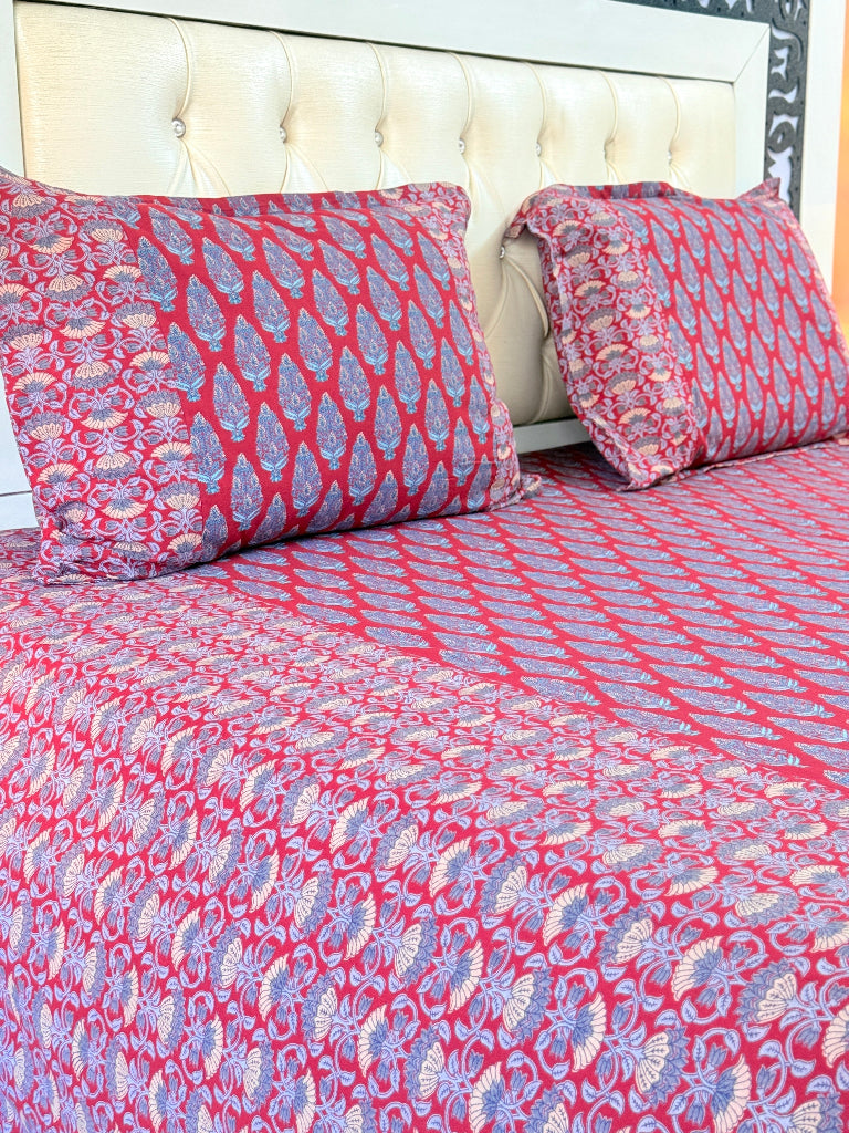 Red and Blue Floral Ajrakh Bedsheet