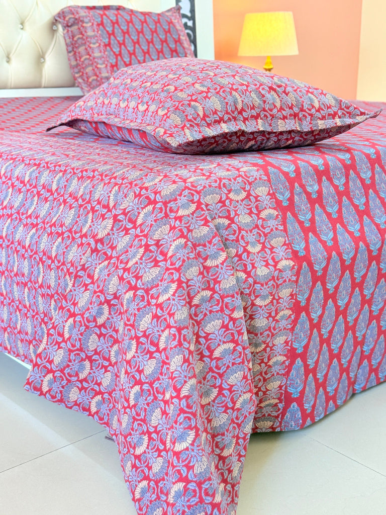 Red and Blue Floral Ajrakh Bedsheet