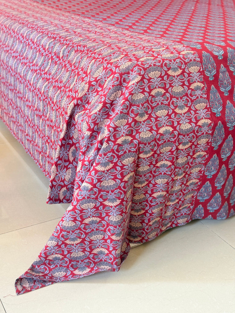 Red and Blue Floral Ajrakh Bedsheet