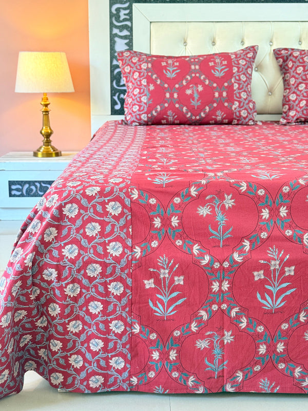 Red Floral Grid Ajrakh Bedsheet