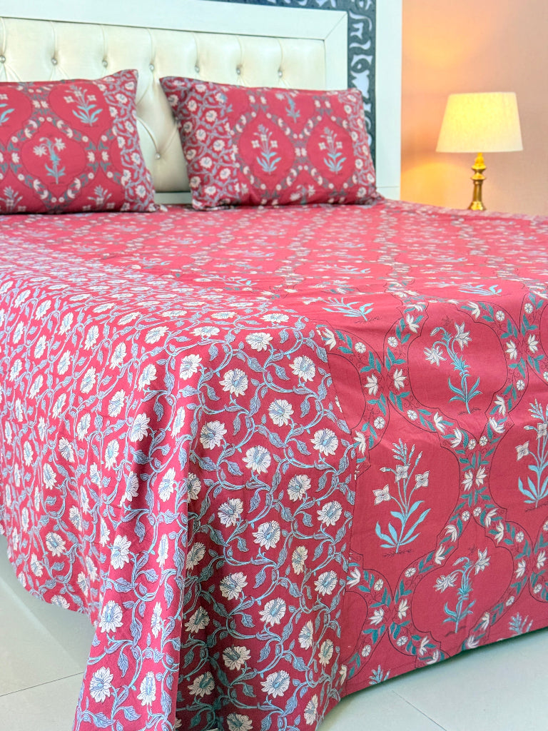 Red Floral Grid Ajrakh Bedsheet