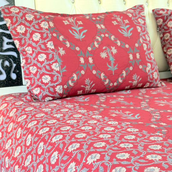 Red Floral Grid Ajrakh Bedsheet