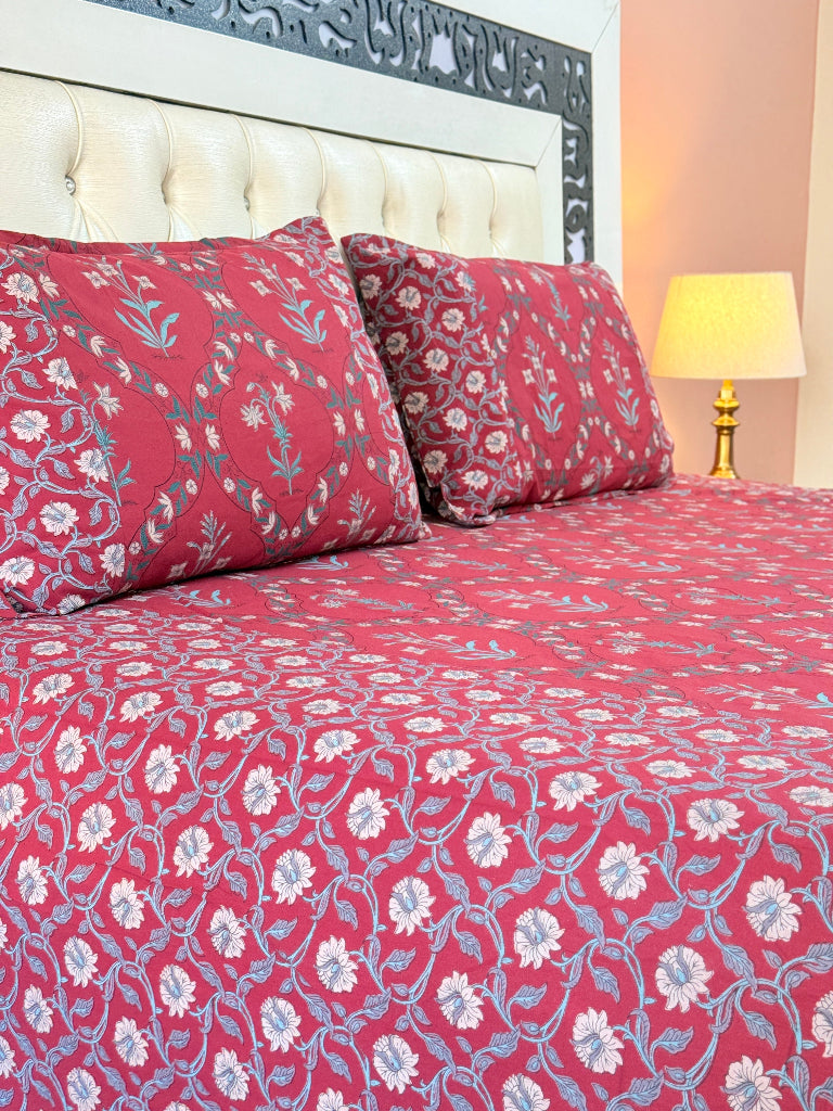 Red Floral Grid Ajrakh Bedsheet