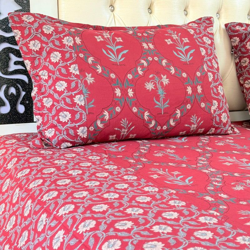 Red Floral Grid Ajrakh Bedsheet