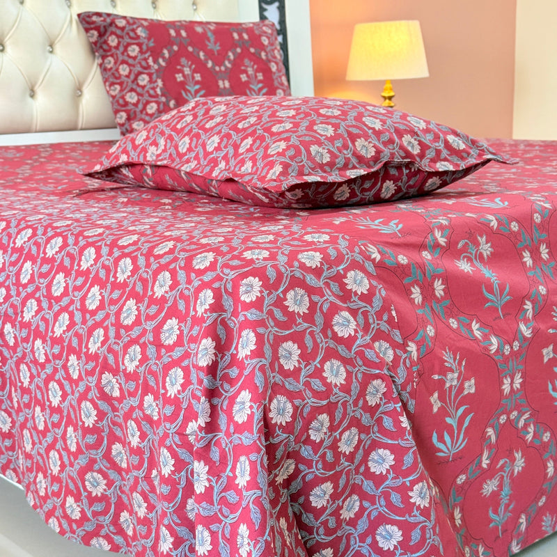Red Floral Grid Ajrakh Bedsheet
