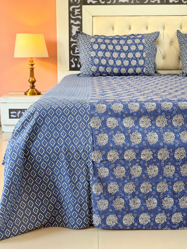 Blue and White Floral Pattern Ajrakh Bedsheet