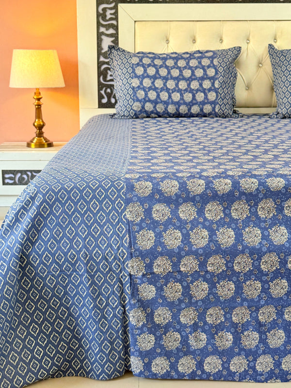 Blue and White Floral Pattern Ajrakh Bedsheet