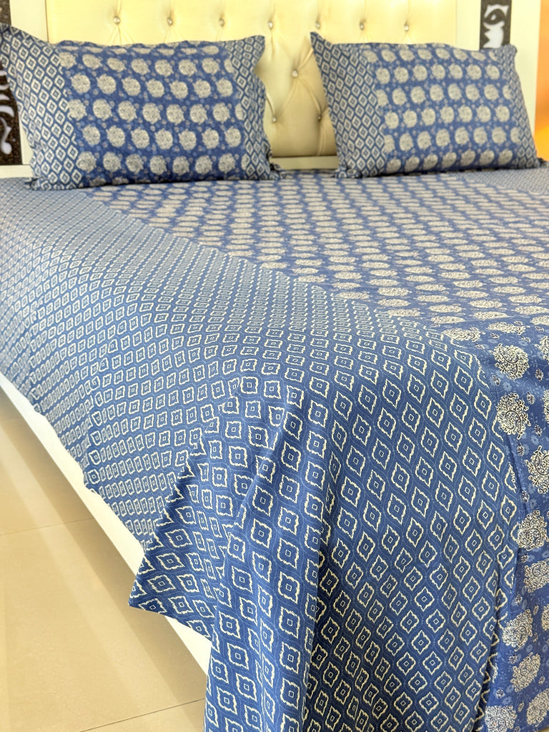 Blue and White Floral Pattern Ajrakh Bedsheet